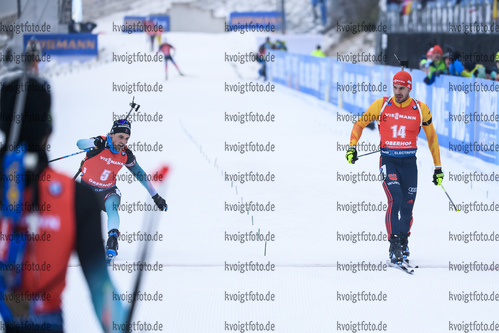12.01.2019, xkvx, Biathlon IBU Weltcup Oberhof, Massenstart Herren, v.l. Simon Desthieux (France) und Arnd Peiffer (Germany) im Ziel / in the finish