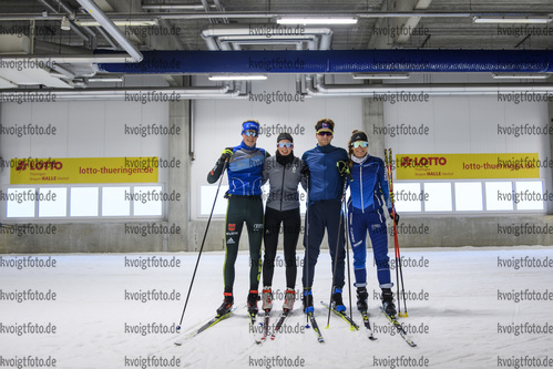 27.10.2020, xkvx, Biathlon NK2 Testwettkampf Oberhof - Skihalle, v.l. Domenic Endler (Germany), Hannah Schlickum (Germany), Janik Loew (Germany) und Marlene Fichtner (Germany)