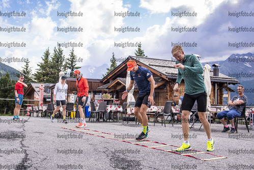 13.07.2021, xkvx, Biathlon Training Bormio, v.l. Benedikt Doll (Germany), Justus Strelow (Germany), Johannes Kuehn (Germany), Philipp Nawrath (Germany), Roman Rees (Germany)  