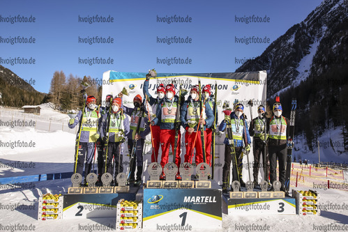 12.12.2021, xmcx, Biathlon IBU Junior Cup Martell, Relay Men, v.l. Team Poland, Germany and Ukraine  /