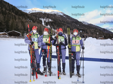 12.12.2021, xmcx, Biathlon IBU Junior Cup Martell, Relay Women, v.l. Mareike Braun, Luise Mueller, Selina Marie Kastl and Johanna Puff (Germany)  /