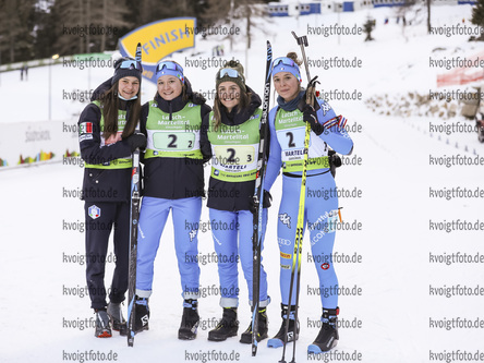 12.12.2021, xmcx, Biathlon IBU Junior Cup Martell, Relay Women, v.l. Sara Scattolo, Gaia Brunetto, Ilaria Scattolo and Fabiana Carpella (Italy)  /