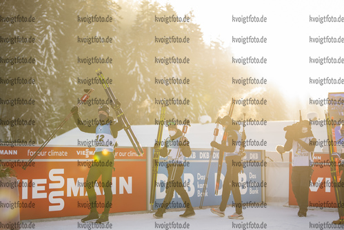 17.12.2021, xkvx, Biathlon IBU World Cup Le Grand Bornand, Sprint Men, v.l. Johannes Thingnes Boe (Norway), Eduard Latypov (Russia), Filip Fjeld Andersen (Norway) bei der Siegerehrung / at the medal ceremony