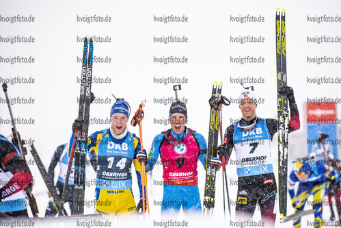 09.01.2022, xkvx, Biathlon IBU World Cup Oberhof, Pursuit Men, v.l. Sebastian Samuelsson (Sweden), Quentin Fillon Maillet (France), Tarjei Boe (Norway) im Ziel / in the finish