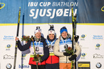 30.11.2019, xkvx, Biathlon IBU Sjusjoen, Sprint Herren, v.l. Sindre Pettersen (Norway), Fredrik Gjesbakk (Norway), Lucas Fratzscher (Germany) bei der Siegerehrung / at the medals ceremony