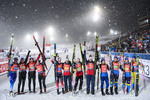 08.12.2019, xkvx, Biathlon IBU Weltcup Oestersund, Staffel Damen, v.l. Switzerland, Norway and Sweden Team jubeln im Ziel / celebrate in the finish