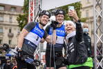 27.09.2020, xkvx, City Biathlon Wiesbaden 2020, v.l. Tarjei Boe (Norway), Johannes Thingnes Boe (Norway) und Ingrid Landmark Tandrevold (Norway) im Ziel / at the finish