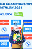 14.02.2021, xkvx, Biathlon IBU World Championships Pokljuka, Verfolgung Damen, v.l. Tiril Eckhoff (Norway) bei der Siegerehrung / at the medal ceremony