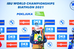 14.02.2021, xkvx, Biathlon IBU World Championships Pokljuka, Verfolgung Damen, v.l. Tiril Eckhoff (Norway) bei der Siegerehrung / at the medal ceremony