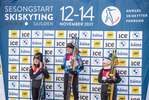13.11.2021, xkvx, Season Opening Sjusjoen - Sprint Women, v.l. Marte Olsbu Roeiseland (Norway), Julia Simon (France), Tiril Eckhoff (Norway)  