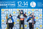 14.11.2021, xkvx, Season Opening Sjusjoen - Mass Start Men, v.l. Quentin Fillon Maillet (France), Tarjei Boe (Norway), Emilien Jacquelin (France)  