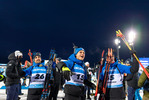 28.11.2021, xkvx, Biathlon IBU World Cup Oestersund, Sprint Men, v.l. Simon DESTHIEUX (France), Emilien JACQUELIN (France), Fabien CLAUDE (France) nach der Siegerehrung / after the medal ceremony