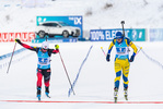 05.12.2021, xkvx, Biathlon IBU World Cup Oestersund, Relay Women, v.l. Marte Olsbu Roeiseland (Norway), Hanna Oeberg (Sweden) im Ziel / in the finish