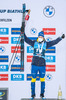 11.12.2021, xkvx, Biathlon IBU World Cup Hochfilzen, Pursuit Men, v.l. Sebastian Samuelsson (Sweden) bei der Siegerehrung / at the medal ceremony