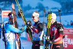 19.12.2021, xkvx, Biathlon IBU World Cup Le Grand Bornand, Mass Start Men, v.l. Emilien Jacquelin (France), Johannes Thingnes Boe (Norway), Tarjei Boe (Norway) im Ziel / in the finish