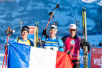 19.12.2021, xkvx, Biathlon IBU World Cup Le Grand Bornand, Mass Start Men, v.l. Quentin Fillon Maillet (France), Emilien Jacquelin (France), Tarjei Boe (Norway) im Ziel / in the finish
