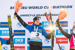19.12.2021, xkvx, Biathlon IBU World Cup Le Grand Bornand, Mass Start Men, v.l. Emilien Jacquelin (France) bei der Siegerehrung / at the medal ceremony