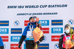 19.12.2021, xkvx, Biathlon IBU World Cup Le Grand Bornand, Mass Start Men, v.l. Emilien Jacquelin (France) bei der Siegerehrung / at the medal ceremony