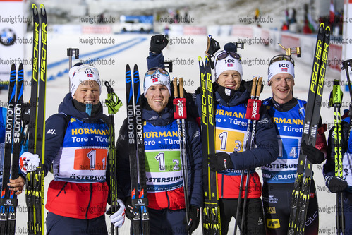07.12.2019, xkvx, Biathlon IBU Weltcup Oestersund, Staffel Herren, v.l. Johannes Dale (Norway), Erlend Bjoentegaard (Norway), Tarjei Boe (Norway) and Johannes Thingnes Boe (Norway) gewinnt die Goldmedaille / wins the gold medal