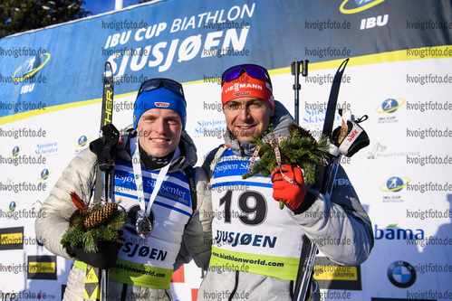 30.11.2019, xkvx, Biathlon IBU Sjusjoen, Sprint Herren, v.l. Lucas Fratzscher (Germany), Philipp Nawrath (Germany) bei der Siegerehrung / at the medals ceremony