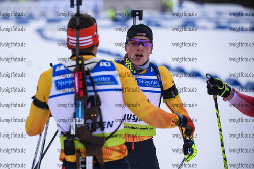 01.12.2019, xkvx, Biathlon IBU Cup Sjusjoen, Verfolgung Herren, v.l. Philipp Nawrath (Germany), Lucas Fratzscher (Germany) im Ziel / at the finish