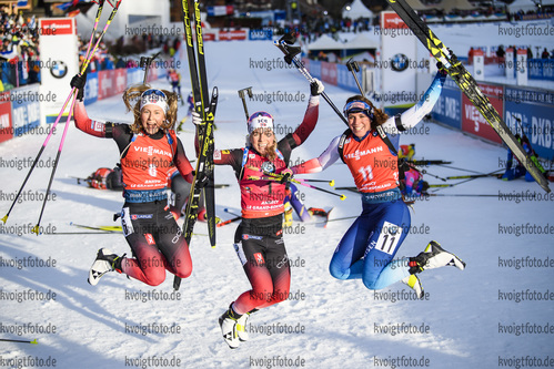 22.12.2019, xkvx, Biathlon IBU Weltcup Le Grand Bornand, Verfolgung Damen, v.l. Ingrid Landmark Tandrevold (Norway), Tiril Eckhoff (Norway) and Lena Haecki (Switzerland) im Ziel / in the finish