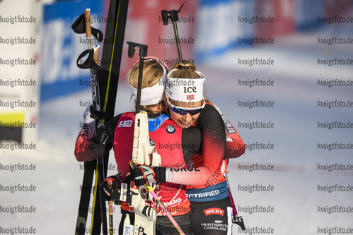 22.12.2019, xkvx, Biathlon IBU Weltcup Le Grand Bornand, Verfolgung Damen, v.l. Tiril Eckhoff (Norway) and Ingrid Landmark Tandrevold (Norway) im Ziel / at the finish