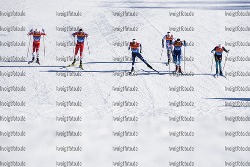 29.12.2019, xkvx, Langlauf Tour de Ski Lenzerheide, Sprint Finale, v.l. Simen Hegstad Krueger (Norway), Martin Loewstroem Nyenget (Norway), James Clugnet (Great Britain), Johan Haeggstroem (Sweden), Jovian Hediger (Switzerland) and Renaud Jay (France) in aktion / in action competes
