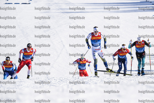 29.12.2019, xkvx, Langlauf Tour de Ski Lenzerheide, Sprint Finale, v.l. Jovian Hediger (Switzerland), Martin Loewstroem Nyenget (Norway), Simen Hegstad Krueger (Norway), Johan Haeggstroem (Sweden), James Clugnet (Great Britain) and Renaud Jay (France) in aktion / in action competes