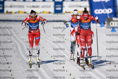 01.01.2020, xkvx, Langlauf Tour de Ski Toblach, Pursuit Damen, v.l. Heidi Weng (Norway) and Natalia Nepryaeva (Russia) im Ziel / at the finish