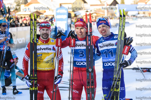 01.01.2020, xkvx, Langlauf Tour de Ski Toblach, Pursuit Herren, v.l. Sergey Ustiugov (Russia), Alexander Bolshunov (Russia) and Iivo Niskanen (Finland)  / 