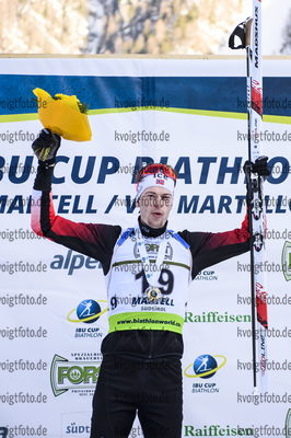 09.02.2020, xkvx, Biathlon IBU Cup Martell, Massenstart Herren, v.l. Sturla Holm Laegreid (Norway) bei der Siegerehrung / at the medal ceremony
