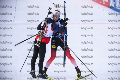 13.02.2020, xkvx, Biathlon IBU Weltmeisterschaft Antholz, Mixed Staffel, v.l. Marte Olsbu Roeiseland (Norway) und Johannes Thingnes Boe (Norway) im Ziel / in the finish