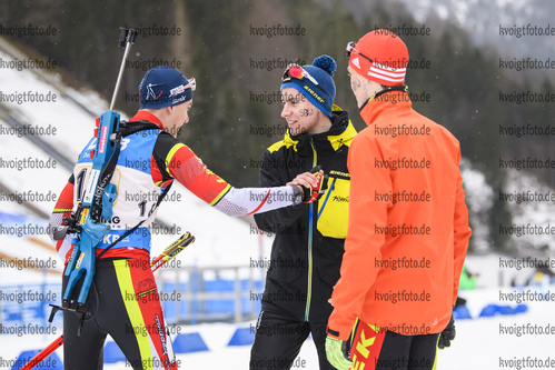 01.03.2020, xkvx, Biathlon DSV Deutschlandpokal Ruhpolding, Staffel - maennlich, v.l. Fabian Kaskel (Germany), Diogo Martins (Germany) und Mathis Faerber (Germany)  / 