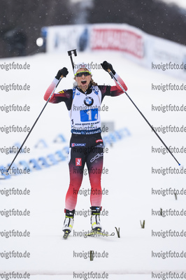 07.03.2020, xkvx, Biathlon IBU Weltcup Nove Mesto na Morave, Staffel Damen, v.l. Tiril Eckhoff (Norway) im Ziel / in the finish