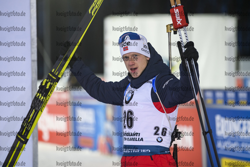 12.03.2020, xkvx, Biathlon IBU Weltcup Kontiolathi, Sprint Herren, v.l. Johannes Thingnes Boe (Norway) bei der Siegerehrung / at the medal ceremony