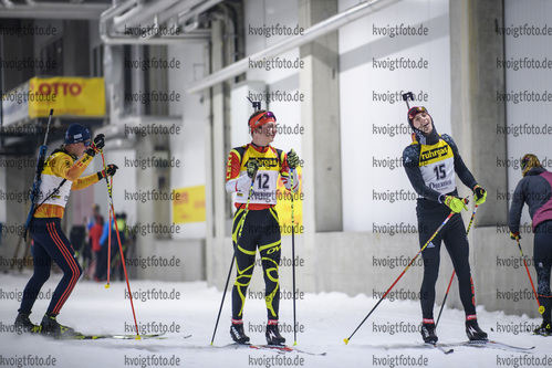 27.10.2020, xkvx, Biathlon NK2 Testwettkampf Oberhof - Skihalle, v.l. Fabian Kaskel (Germany), Fabian Dietrich (Germany) und Elias Asal (Germany)