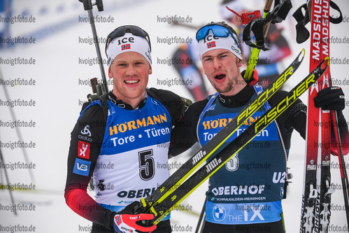 09.01.2020, xkvx, Biathlon IBU Weltcup Oberhof, Verfolgung Herren, v.l. Johannes Dale (Norway) und Sturla Holm Laegreid (Norway)  / 