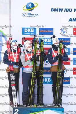 23.01.2021, xkvx, Biathlon IBU Weltcup Antholz, Staffel Herren, v.l. Sturla Holm Laegreid (Norway), Johannes Dale (Norway), Tarjei Boe (Norway) und Johannes Thingnes Boe (Norway)  / 