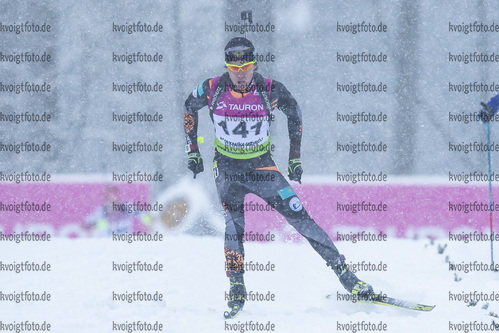 29.01.2021, xtwx, Biathlon IBU European Championships Duszniki Zdroj, Sprint Herren, v.l. Asset Dyussenov (Kazakhstan) in Aktion / in action competes