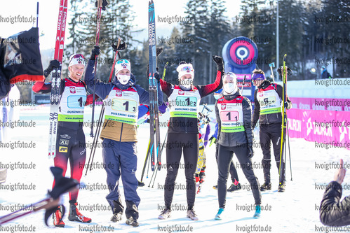 31.01.2021, xtwx, Biathlon IBU European Championships Duszniki Zdroj, Mixed Staffel, v.l. Emilie Aagheim Kalkenberg (Norway), Aasne Skrede (Norway), Erlend Bjoentegaard (Norway), Sivert Guttorm Bakken (Norway)  /