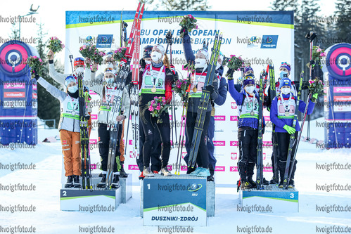 31.01.2021, xtwx, Biathlon IBU European Championships Duszniki Zdroj, Mixed Staffel, v.l.  Vanessa Voigt (Germany), Marion Deigentesch (Germany), Dominic Schmuck (Germany), Philipp Nawrath (Germany), Emilie Aagheim Kalkenberg (Norway), Aasne Skrede (Norway), Erlend Bjoentegaard (Norway), Sivert Guttorm Bakken (Norway), Iryna Petrenko (Ukraine), Vita Semerenko (Ukraine), Bogdan Tsymbal (Ukraine), Artem Pryma (Ukraine) /