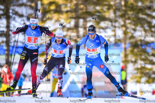 18.02.2021, xkvx, Biathlon IBU World Championships Pokljuka, Single Mixed Relay, v.l. Johannes Thingnes Boe (Norway), Simon Eder (Austria) und Antonin Guigonnat (France) in aktion / in action competes