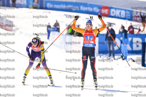 20.02.2021, xkvx, Biathlon IBU World Championships Pokljuka, Staffel Damen, v.l. Franziska Preuss (Germany) im Ziel / in the finish
