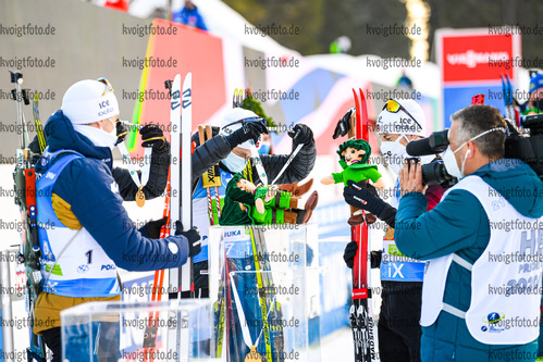 20.02.2021, xkvx, Biathlon IBU World Championships Pokljuka, Staffel Herren, v.l. Vetle Sjaastad Christiansen (Norway), Johannes Thingnes Boe (Norway) und Sturla Holm Laegreid (Norway)  / 