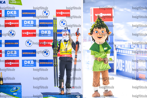 21.02.2021, xkvx, Biathlon IBU World Championships Pokljuka, Massenstart Damen, v.l. Tiril Eckhoff (Norway) bei der Siegerehrung / at the medal ceremony