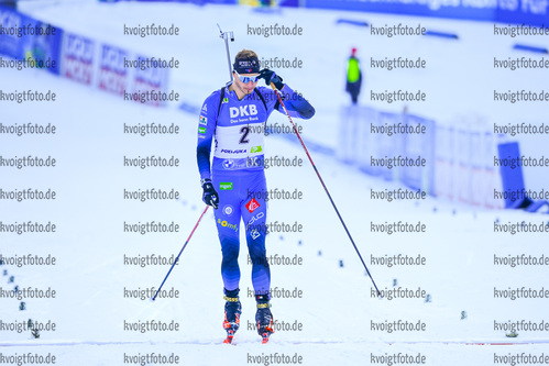 21.02.2021, xkvx, Biathlon IBU World Championships Pokljuka, Massenstart Herren, v.l. Emilien Jacquelin (France) im Ziel / in the finish