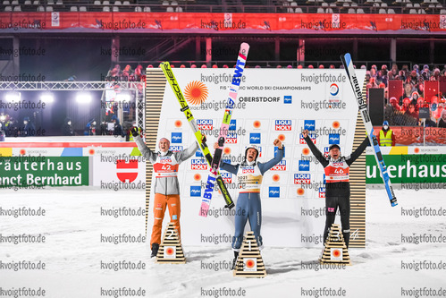 27.02.2021, xkvx, Nordic World Championships Oberstdorf, v.l. Karl Geiger of Germany, Piotr Zyla of Poland, Anze Lanisek of Slovenia  /