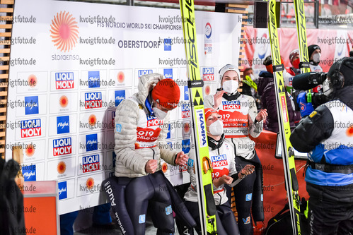 28.02.2021, xkvx, Nordic World Championships Oberstdorf, v.l. Markus Eisenbichler (Germany), Katharina Althaus (Germany) und Anna Rupprecht (Germany)  / 