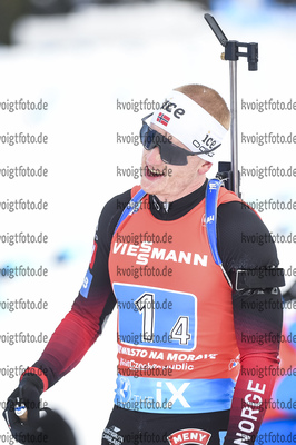 05.03.2020, xsoex, Biathlon IBU Weltcup NoveMesto na Morave, Staffel Herren, v.l. Johannes Thingnes Boe (Norway) im Ziel / in the finish
